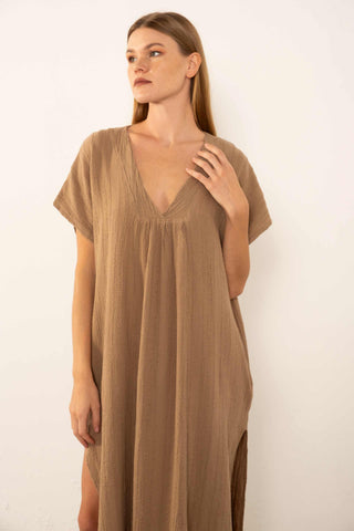 Patterned Woven Maxi Kaftan Dress - Dress