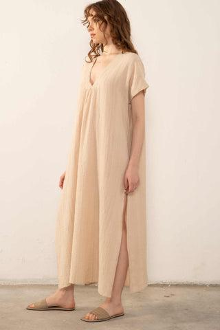 Patterned Woven Maxi Kaftan Dress - Dress