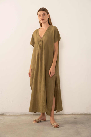 Patterned Woven Maxi Kaftan Dress - Khaki / Standard - Dress