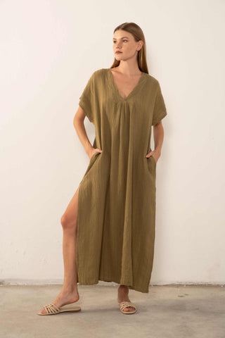 Patterned Woven Maxi Kaftan Dress - Dress