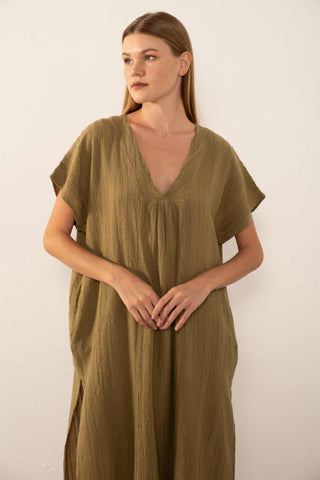 Patterned Woven Maxi Kaftan Dress - Dress