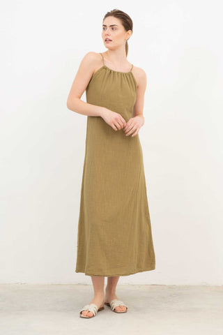Long Dress with Rope Straps and Low-Cut Back - Khaki / S/M - Dress