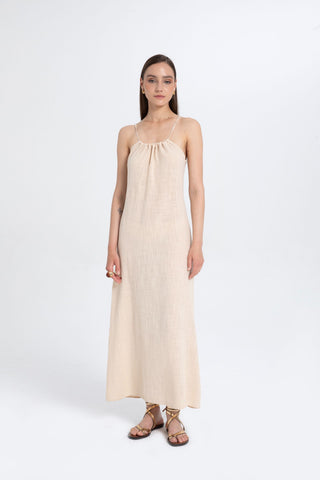 Long Dress with Rope Straps and Low-Cut Back - Beige / S/M - Dress