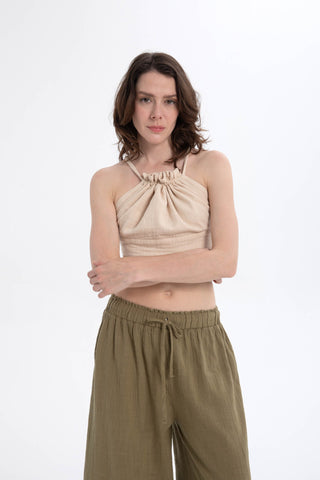 Lace-Up Back Gathered Front Crop Top