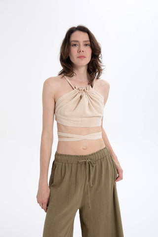Lace-Up Back Gathered Front Crop Top