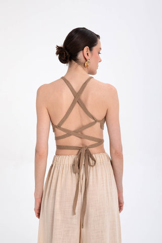 Lace-Up Back Gathered Front Crop Top