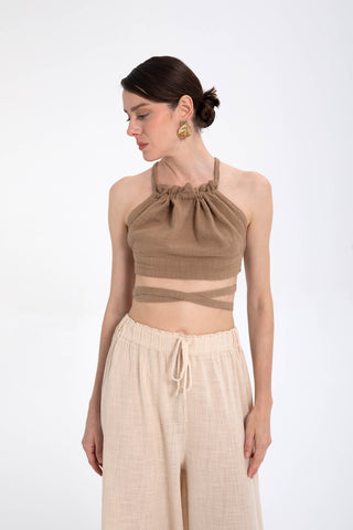 Lace-Up Back Gathered Front Crop Top