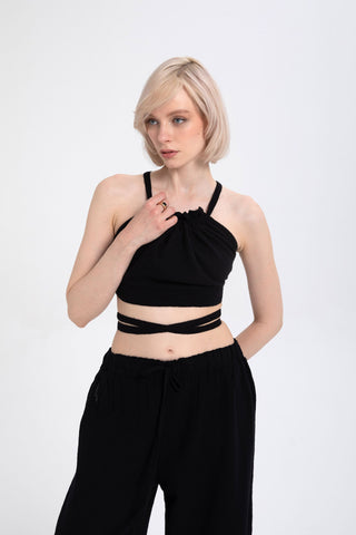 Lace-Up Back Gathered Front Crop Top