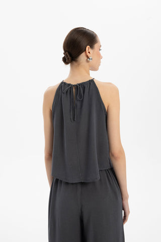 Asymmetrical Cut Linen Blend Blouse with Rope Straps