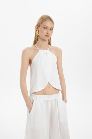 Asymmetrical Cut Linen Blend Blouse with Rope Straps