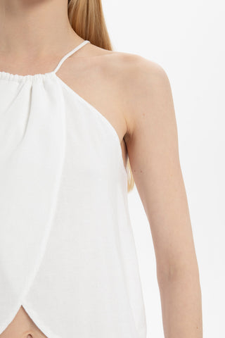 Asymmetrical Cut Linen Blend Blouse with Rope Straps