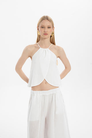 Asymmetrical Cut Linen Blend Blouse with Rope Straps