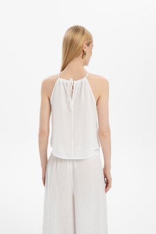 Asymmetrical Cut Linen Blend Blouse with Rope Straps