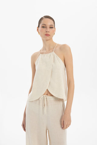 Asymmetrical Cut Linen Blend Blouse with Rope Straps