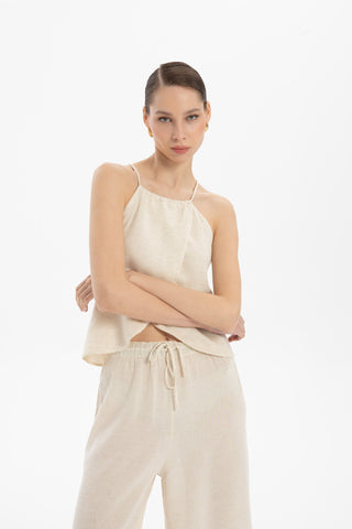 Asymmetrical Cut Linen Blend Blouse with Rope Straps