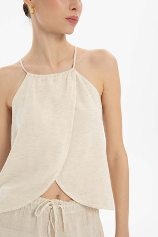 Asymmetrical Cut Linen Blend Blouse with Rope Straps