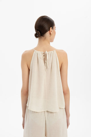 Asymmetrical Cut Linen Blend Blouse with Rope Straps