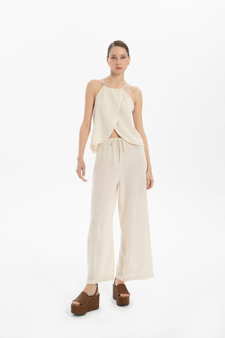 Asymmetrical Cut Linen Blend Blouse with Rope Straps