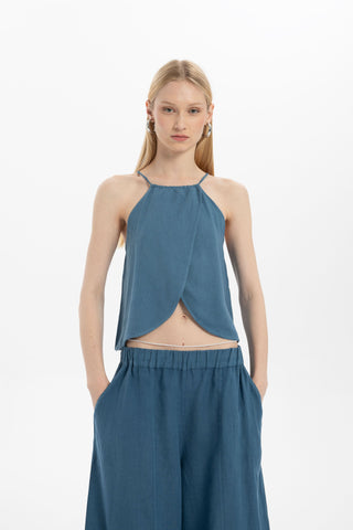 Asymmetrical Cut Linen Blend Blouse with Rope Straps