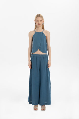 Asymmetrical Cut Linen Blend Blouse with Rope Straps