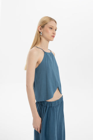 Asymmetrical Cut Linen Blend Blouse with Rope Straps
