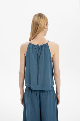 Asymmetrical Cut Linen Blend Blouse with Rope Straps