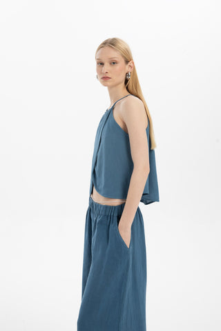 Asymmetrical Cut Linen Blend Blouse with Rope Straps