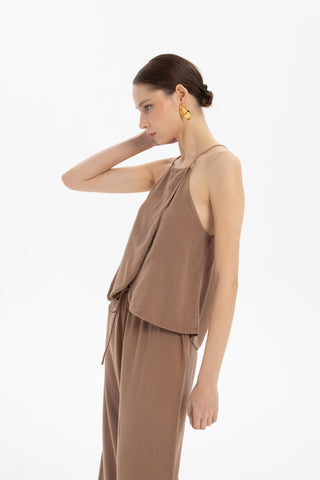 Asymmetrical Cut Linen Blend Blouse with Rope Straps