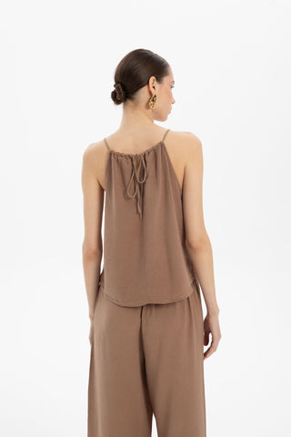 Asymmetrical Cut Linen Blend Blouse with Rope Straps