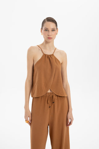 Asymmetrical Cut Linen Blend Blouse with Rope Straps