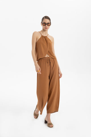 Asymmetrical Cut Linen Blend Blouse with Rope Straps