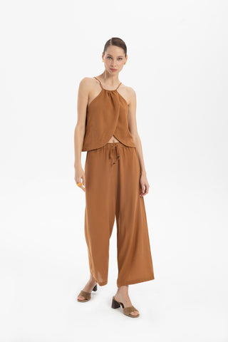 Asymmetrical Cut Linen Blend Blouse with Rope Straps