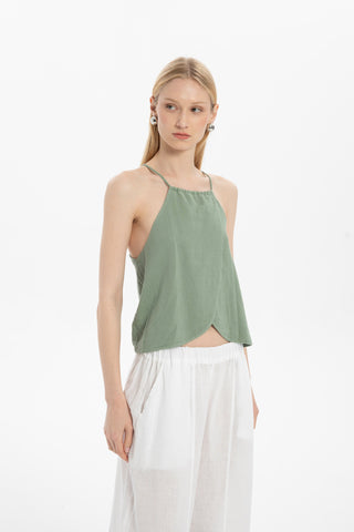 Asymmetrical Cut Linen Blend Blouse with Rope Straps