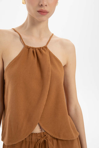 Asymmetrical Cut Linen Blend Blouse with Rope Straps