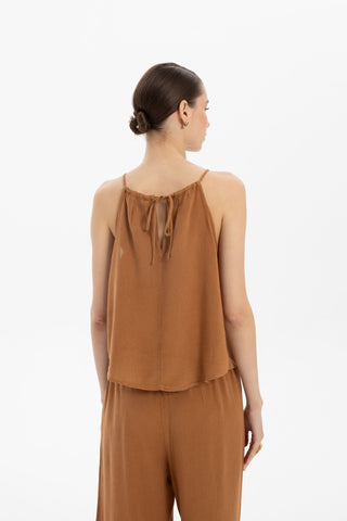 Asymmetrical Cut Linen Blend Blouse with Rope Straps