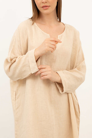 Natural Long Sleeve Linen Dress - Dress