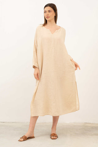 Natural Long Sleeve Linen Dress - Dress
