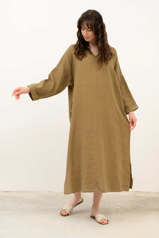 Natural Long Sleeve Linen Dress - Khaki / Standard - Dress