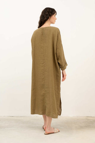 Natural Long Sleeve Linen Dress - Dress