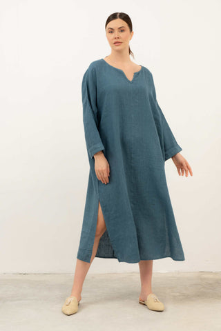 Natural Long Sleeve Linen Dress - Petrol / Standard - Dress