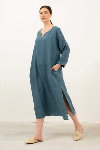 Natural Long Sleeve Linen Dress - Dress