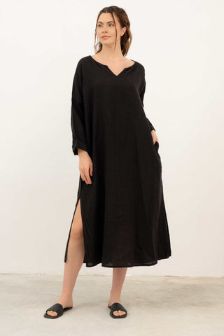 Natural Long Sleeve Linen Dress - Dress