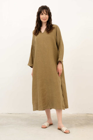 Natural Long Sleeve Linen Dress - Dress