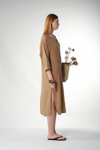 Natural Long Sleeve Linen Dress - Dress