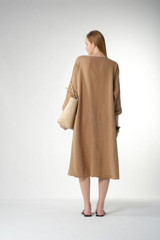 Natural Long Sleeve Linen Dress - Dress