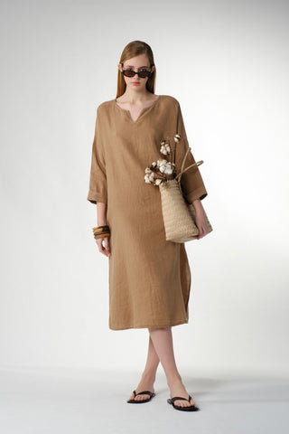 Natural Long Sleeve Linen Dress - Dress