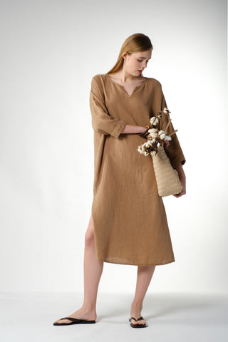 Natural Long Sleeve Linen Dress - Dress