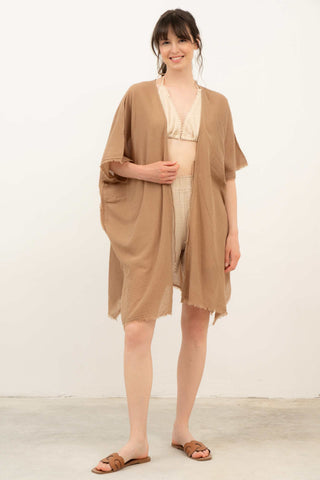 Open Front Crinkle Short Kimono - Brown / Standard - Kimono