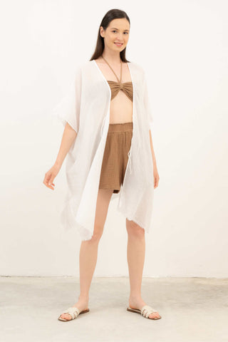 Open Front Crinkle Short Kimono - White / Standard - Kimono