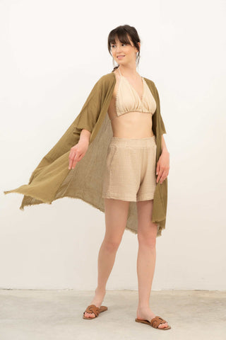 Open Front Crinkle Short Kimono - Khaki / Standard - Kimono